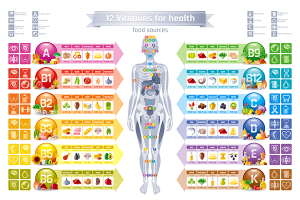 Uma tabela com as 12 vitaminas mais essenciais para a saúde. 