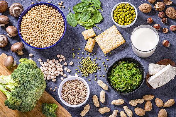 Alimentos que contêm cálcio e fibras para reduzir o risco de cancro colorrectal sobre um fundo cinzento.