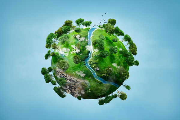 Concepto de un planeta verde cubierto de vegetación, animales y agua.