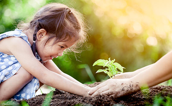 asian-little-girl-and-parent-planting-young-tree-on-black-soil-together